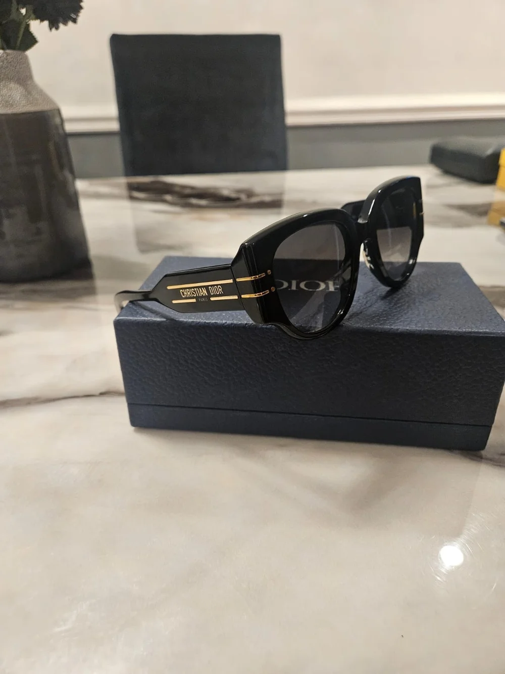 Dior Black Sunglasses with Gold Logo Stripes